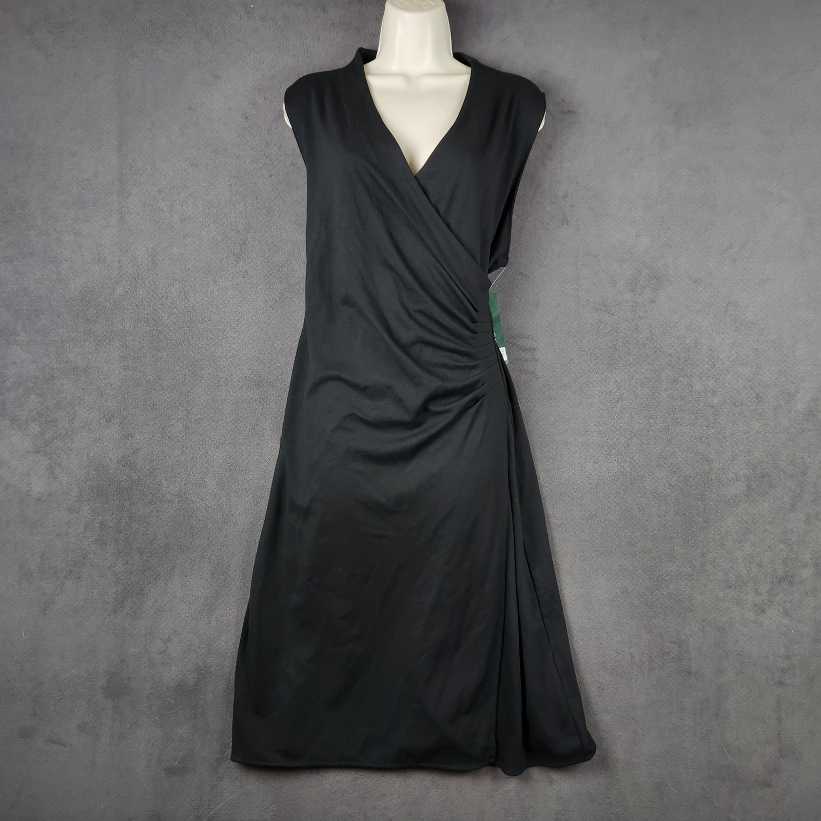 Lauren Ralph Lauren Faux Wrap Dress Womens Xl Black Ruched Sleeveless New